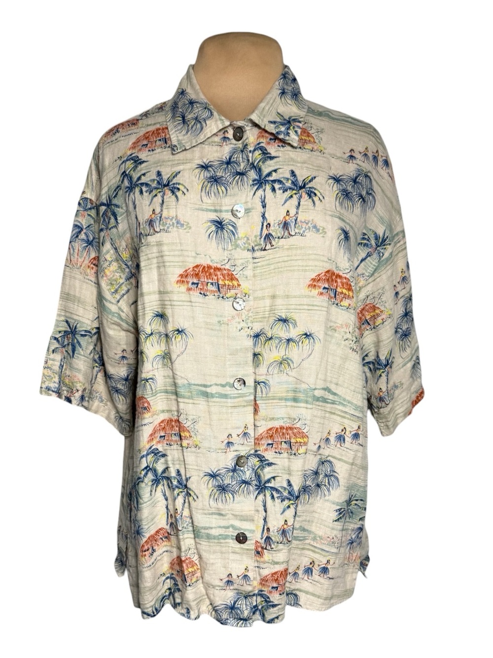 Vintage 90s Carol LeValley Linen Hawaiian Shirt Large Mid-Century Modern Scene